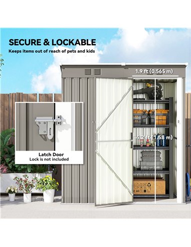 Outsunny 5 x 3 ft Lean-to Garden Shed, Outdoor Storage Shed with Lockable Door and Vents, Light Grey