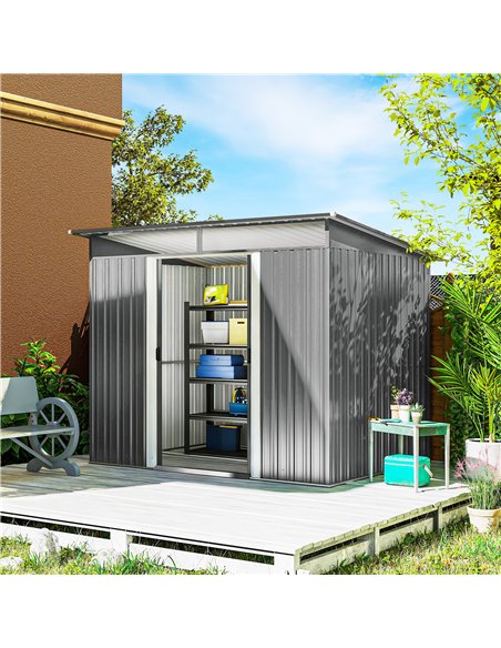 Outsunny 9ft x 6.5ft Garden Storage Shed with Top Window, Metal Outdoor Shed Tool House with Double Doors, Light Grey - pic 181059 | FastDaddyshop