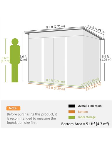 Outsunny 9ft x 6.5ft Garden Storage Shed with Top Window, Metal Outdoor Shed Tool House with Double Doors, Light Grey