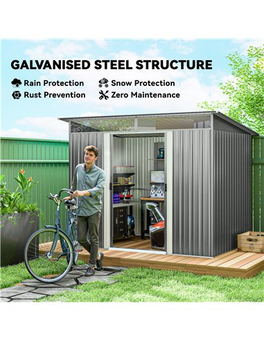 Outsunny 9ft x 6.5ft Garden Storage Shed with Top Window, Metal Outdoor Shed Tool House with Double Doors, Light Grey