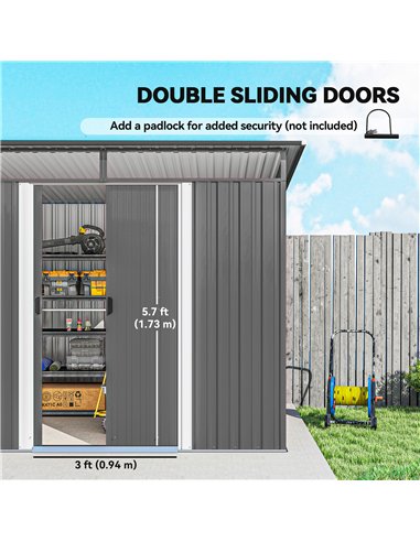 Outsunny 9ft x 6.5ft Garden Storage Shed with Top Window, Metal Outdoor Shed Tool House with Double Doors, Light Grey