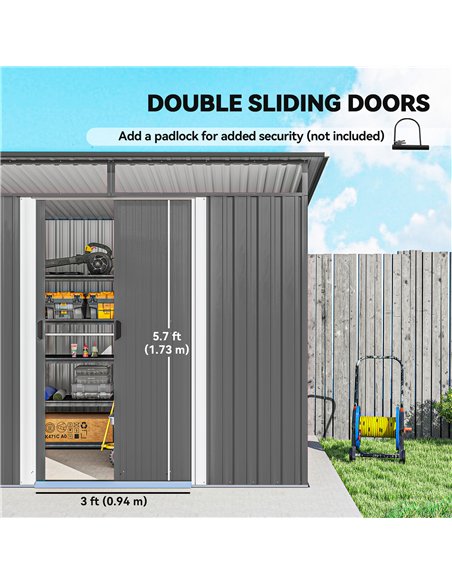Outsunny 9ft x 6.5ft Garden Storage Shed with Top Window, Metal Outdoor Shed Tool House with Double Doors, Light Grey - pic 181062 | FastDaddyshop