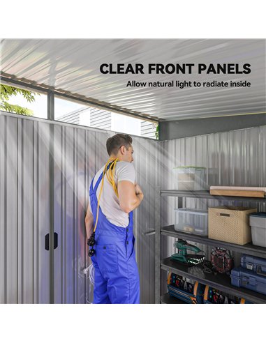 Outsunny 9ft x 6.5ft Garden Storage Shed with Top Window, Metal Outdoor Shed Tool House with Double Doors, Light Grey