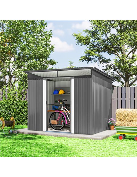 Outsunny 9ft x 6.5ft Garden Storage Shed with Top Window, Metal Outdoor Shed Tool House with Double Doors, Light Grey - pic 181064 | FastDaddyshop