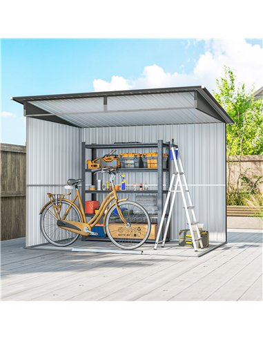 Outsunny 9ft x 6.5ft Garden Storage Shed with Top Window, Metal Outdoor Shed Tool House with Double Doors, Light Grey