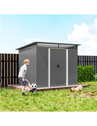 Outsunny 9ft x 6.5ft Garden Storage Shed with Top Window, Metal Outdoor Shed Tool House with Double Doors, Light Grey