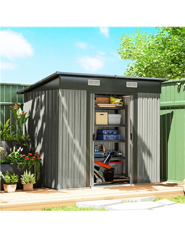 Outsunny 7 x 4ft Outdoor Storage Shed with Foundation Kit, Lean to Metal Garden Shed for Log, Rubbish Bin, Tool, Bike, Light Gre
