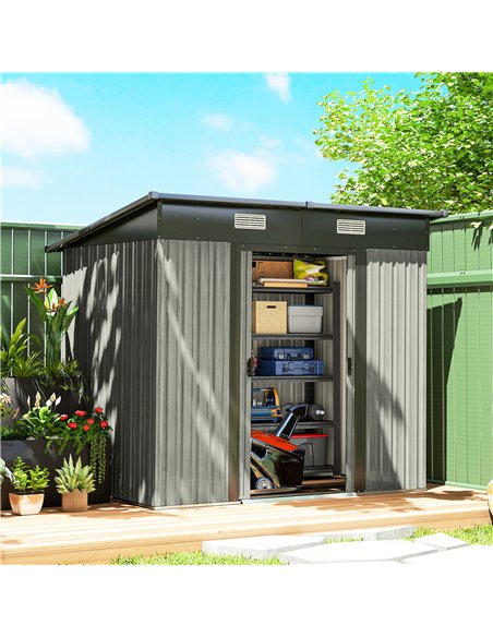 Outsunny 7 x 4ft Outdoor Storage Shed with Foundation Kit, Lean to Metal Garden Shed for Log, Rubbish Bin, Tool, Bike, Light Gre - pic 181068 | FastDaddyshop