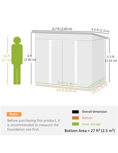 Outsunny 7 x 4ft Outdoor Storage Shed with Foundation Kit, Lean to Metal Garden Shed for Log, Rubbish Bin, Tool, Bike, Light Gre