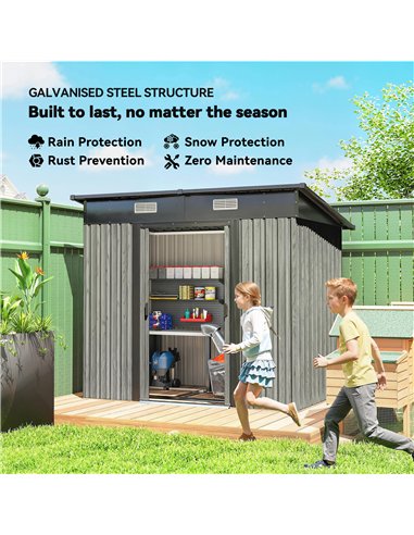 Outsunny 7 x 4ft Outdoor Storage Shed with Foundation Kit, Lean to Metal Garden Shed for Log, Rubbish Bin, Tool, Bike, Light Gre