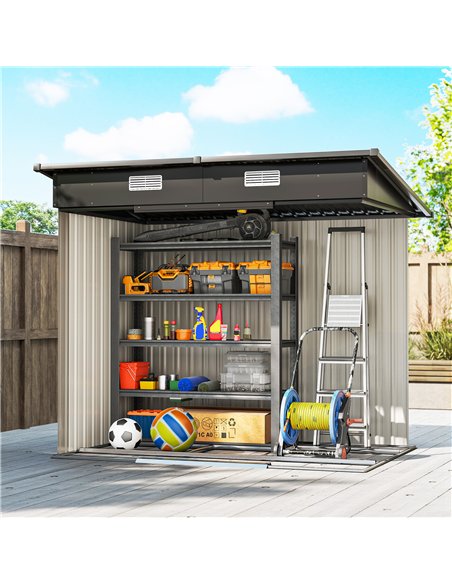 Outsunny 7 x 4ft Outdoor Storage Shed with Foundation Kit, Lean to Metal Garden Shed for Log, Rubbish Bin, Tool, Bike, Light Gre - pic 181074 | FastDaddyshop
