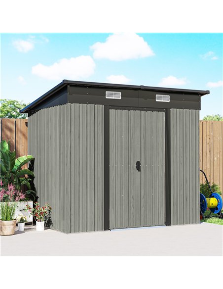 Outsunny 7 x 4ft Outdoor Storage Shed with Foundation Kit, Lean to Metal Garden Shed for Log, Rubbish Bin, Tool, Bike, Light Gre - pic 181075 | FastDaddyshop