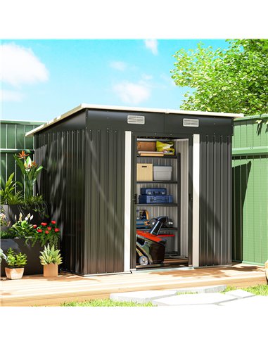 Outsunny 7 x 4ft Outdoor Storage Shed with Foundation Kit, Lean to Metal Garden Shed for Log, Rubbish Bin, Tool, Bike, Black