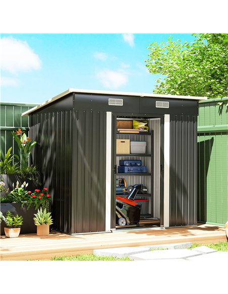 Outsunny 7 x 4ft Outdoor Storage Shed with Foundation Kit, Lean to Metal Garden Shed for Log, Rubbish Bin, Tool, Bike, Black - pic 181077 | FastDaddyshop