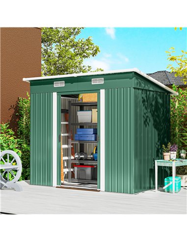 Outsunny 7 x 4ft Outdoor Storage Shed with Foundation Kit, Lean to Metal Garden Shed for Log, Rubbish Bin, Tool, Bike, Green