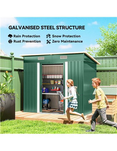 Outsunny 7 x 4ft Outdoor Storage Shed with Foundation Kit, Lean to Metal Garden Shed for Log, Rubbish Bin, Tool, Bike, Green