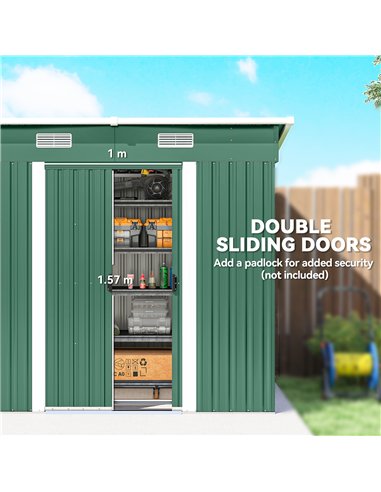 Outsunny 7 x 4ft Outdoor Storage Shed with Foundation Kit, Lean to Metal Garden Shed for Log, Rubbish Bin, Tool, Bike, Green