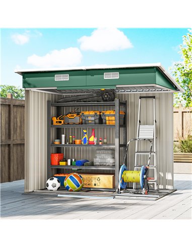 Outsunny 7 x 4ft Outdoor Storage Shed with Foundation Kit, Lean to Metal Garden Shed for Log, Rubbish Bin, Tool, Bike, Green