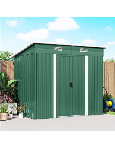 Outsunny 7 x 4ft Outdoor Storage Shed with Foundation Kit, Lean to Metal Garden Shed for Log, Rubbish Bin, Tool, Bike, Green - pic 181093 | FastDaddyshop