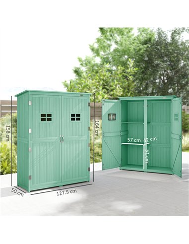 Outsunny Wooden Garden Shed with Two Windows, Tool Storage Cabinet, Outdoor Double Door organiser 127.5L x 50W x 164H cm, Green