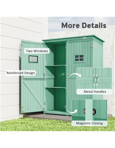 Outsunny Wooden Garden Shed with Two Windows, Tool Storage Cabinet, Outdoor Double Door organiser 127.5L x 50W x 164H cm, Green