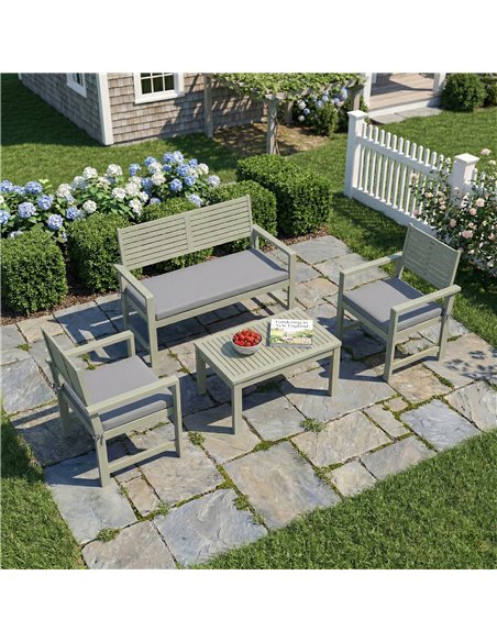 Outsunny 4 Seater Wooden Garden Furniture Set with Loveseat, Armchairs, Table, Acacia Wood Garden Sofa Set, Light Grey - pic 181221 | FastDaddyshop