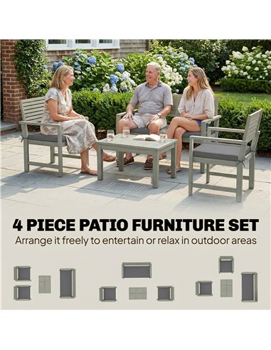 Outsunny 4 Seater Wooden Garden Furniture Set with Loveseat, Armchairs, Table, Acacia Wood Garden Sofa Set, Light Grey