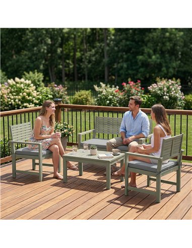 Outsunny 4 Seater Wooden Garden Furniture Set with Loveseat, Armchairs, Table, Acacia Wood Garden Sofa Set, Light Grey