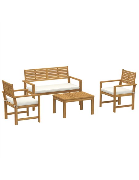 Outsunny 4 Seater Wooden Garden Furniture Set with Loveseat, Armchairs, Table, Acacia Wood Garden Sofa Set, Cream White - pic 181229 | FastDaddyshop