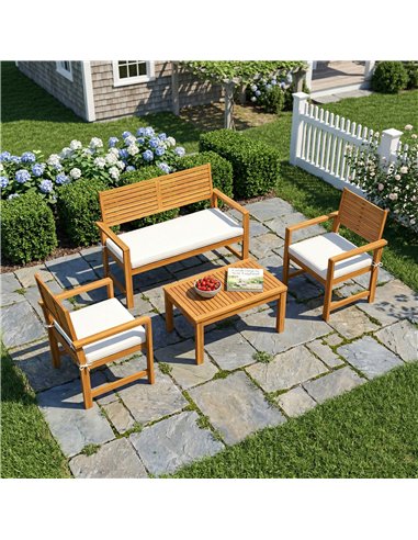 Outsunny 4 Seater Wooden Garden Furniture Set with Loveseat, Armchairs, Table, Acacia Wood Garden Sofa Set, Cream White