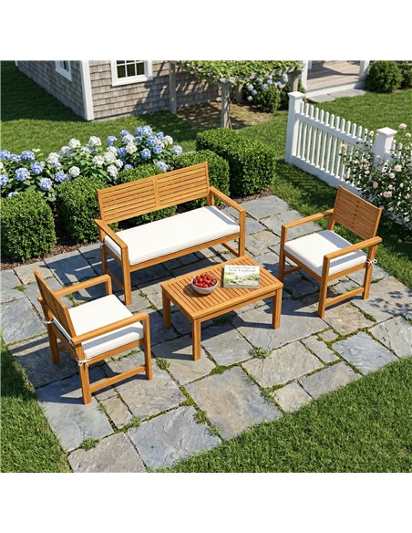 Outsunny 4 Seater Wooden Garden Furniture Set with Loveseat, Armchairs, Table, Acacia Wood Garden Sofa Set, Cream White - pic 181230 | FastDaddyshop