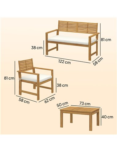 Outsunny 4 Seater Wooden Garden Furniture Set with Loveseat, Armchairs, Table, Acacia Wood Garden Sofa Set, Cream White