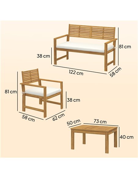 Outsunny 4 Seater Wooden Garden Furniture Set with Loveseat, Armchairs, Table, Acacia Wood Garden Sofa Set, Cream White - pic 181231 | FastDaddyshop