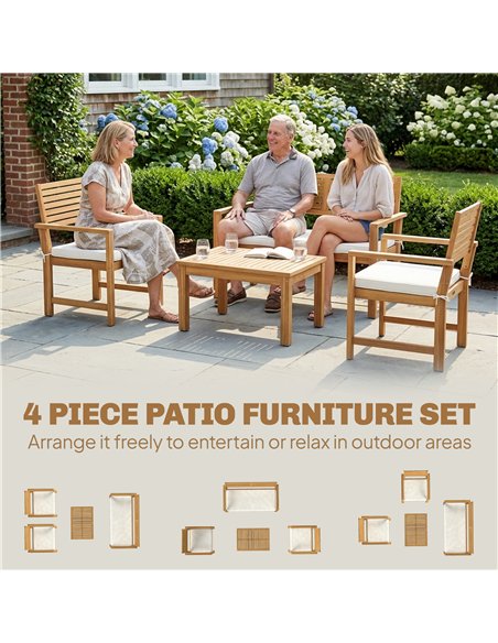 Outsunny 4 Seater Wooden Garden Furniture Set with Loveseat, Armchairs, Table, Acacia Wood Garden Sofa Set, Cream White - pic 181232 | FastDaddyshop