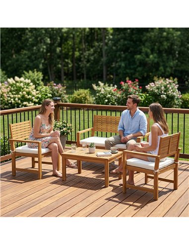 Outsunny 4 Seater Wooden Garden Furniture Set with Loveseat, Armchairs, Table, Acacia Wood Garden Sofa Set, Cream White