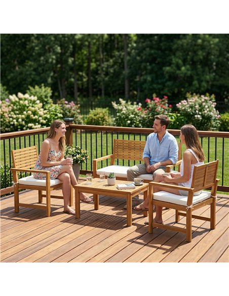 Outsunny 4 Seater Wooden Garden Furniture Set with Loveseat, Armchairs, Table, Acacia Wood Garden Sofa Set, Cream White - pic 181236 | FastDaddyshop