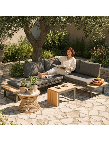 Outsunny 4 Seater L Shaped Aluminium Sectional Garden Furniture Set with 2 Loveseats and Wood-Plastic Coffee Table - Natural Woo