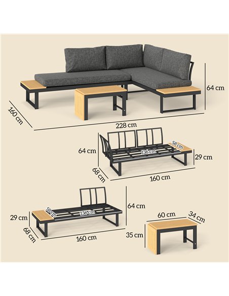 Outsunny 4 Seater L Shaped Aluminium Sectional Garden Furniture Set with 2 Loveseats and Wood-Plastic Coffee Table - Natural Woo - pic 181240 | FastDaddyshop