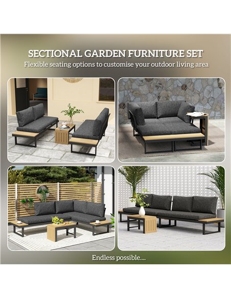 Outsunny 4 Seater L Shaped Aluminium Sectional Garden Furniture Set with 2 Loveseats and Wood-Plastic Coffee Table - Natural Woo - pic 181241 | FastDaddyshop