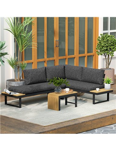 Outsunny 4 Seater L Shaped Aluminium Sectional Garden Furniture Set with 2 Loveseats and Wood-Plastic Coffee Table - Natural Woo