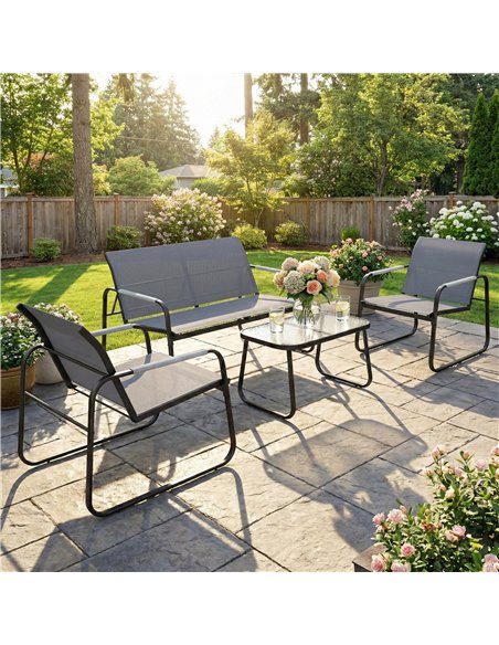 Outsunny 4 Piece Garden Furniture Set, Garden Sofa Set with Loveseat, 2 Armchairs, Tempered Glass Table for Balcony, Grey - pic 181248 | FastDaddyshop