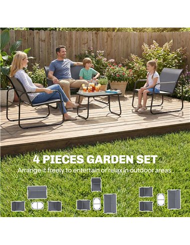 Outsunny 4 Piece Garden Furniture Set, Garden Sofa Set with Loveseat, 2 Armchairs, Tempered Glass Table for Balcony, Grey
