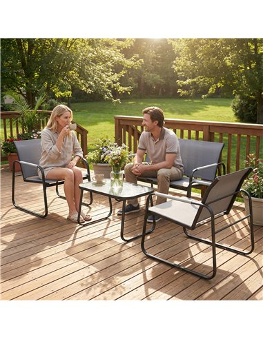 Outsunny 4 Piece Garden Furniture Set, Garden Sofa Set with Loveseat, 2 Armchairs, Tempered Glass Table for Balcony, Grey