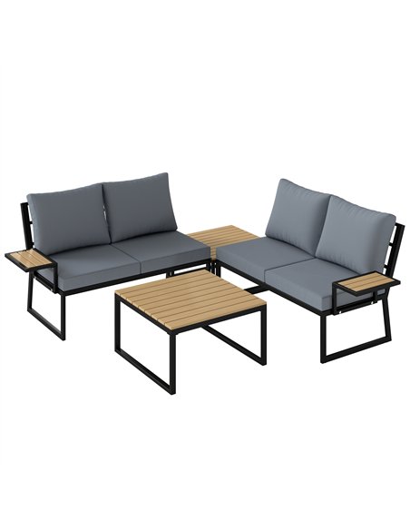 Outsunny 4 Seater Metal Garden Furniture Set, Corner Garden Sofa Set with 2 Loveseats, 2 Nesting Tables, Arm Side Trays, Teak - pic 181274 | FastDaddyshop