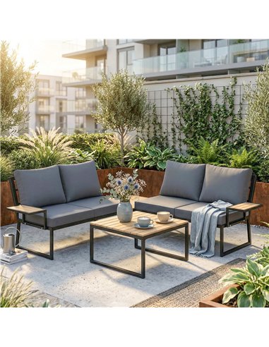 Outsunny 4 Seater Metal Garden Furniture Set, Corner Garden Sofa Set with 2 Loveseats, 2 Nesting Tables, Arm Side Trays, Teak