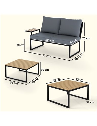 Outsunny 4 Seater Metal Garden Furniture Set, Corner Garden Sofa Set with 2 Loveseats, 2 Nesting Tables, Arm Side Trays, Teak