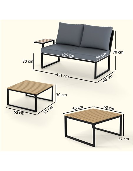 Outsunny 4 Seater Metal Garden Furniture Set, Corner Garden Sofa Set with 2 Loveseats, 2 Nesting Tables, Arm Side Trays, Teak - pic 181276 | FastDaddyshop