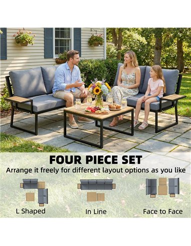 Outsunny 4 Seater Metal Garden Furniture Set, Corner Garden Sofa Set with 2 Loveseats, 2 Nesting Tables, Arm Side Trays, Teak