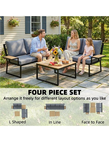Outsunny 4 Seater Metal Garden Furniture Set, Corner Garden Sofa Set with 2 Loveseats, 2 Nesting Tables, Arm Side Trays, Teak - pic 181277 | FastDaddyshop