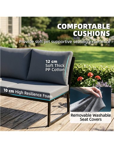 Outsunny 4 Seater Metal Garden Furniture Set, Corner Garden Sofa Set with 2 Loveseats, 2 Nesting Tables, Arm Side Trays, Teak